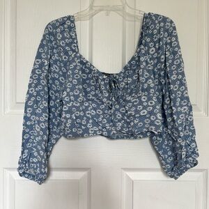 Wild Fable White and Blue Crop Blouse with Tie Front